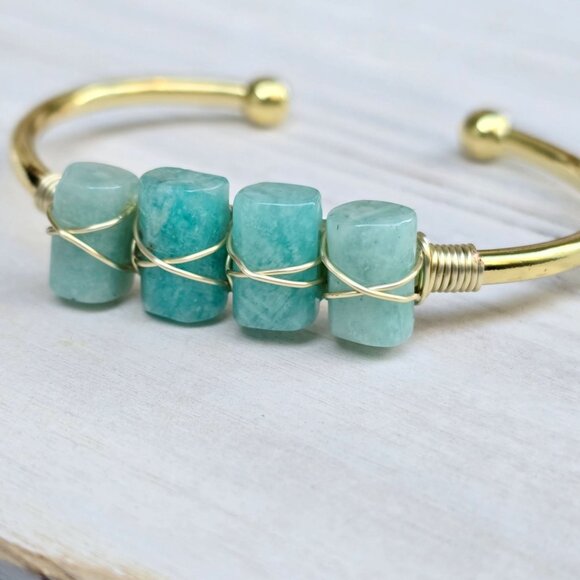 Amazonite Wire Wrap Cuff – 14Kt Gold Over Copper – Tranquility Talisman Handmade - Picture 7 of 11